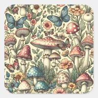 Vintage Mushrooms, Flowers, Butterflies Whimsical Square Sticker