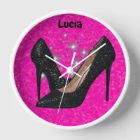 Black Glitter High Heel Shoe on Bright Pink | Clock