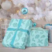 Beach Christmas Seahorse Pattern Aqua Glitter  Wrapping Paper