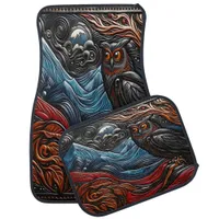 Owl Resting Near Mountains Under a Night Sky Car Floor Mat