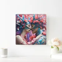 Enchanted Lovers in Floral Fantasy Realm Square Wall Clock