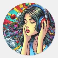 Girl Listening to Music on Headphones Psychedelic Classic Round Sticker