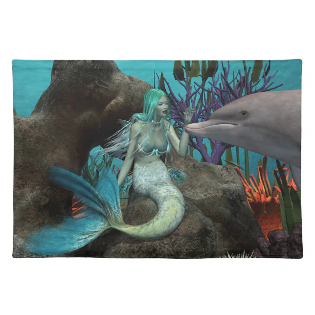 Mermaid and Dolphin Under the Sea Cloth Placemat