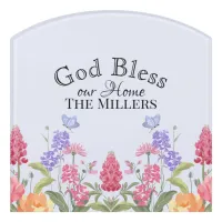 God Bless Our Home Floral Wildflowers Blue Door Sign