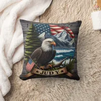 American Eagle With National Flag and Mountains Throw Pillow