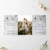 Silver Royal Blue Snowflake Winter Wedding  Tri-Fold Program