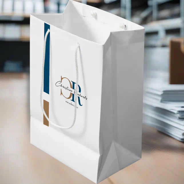 Simple Modern Blue Gold Monogram Medium Gift Bag