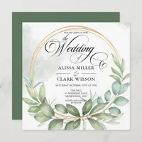 Watercolor Eucalyptus Greenery Gold Frame Wedding Invitation