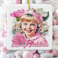 Vintage Pink Girl Floral Merry Christmas Ceramic Ornament