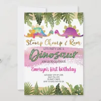 Pink Girl Dinosaur Birthday Invitation