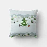 Winter village with snow, bunny, squirrel and pine throw pillow