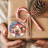 Cute Rustic Christmas Pig and Barn Classic Round Sticker