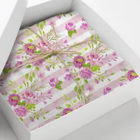 Watercolor English Roses Pink White Stripes Tissue Paper