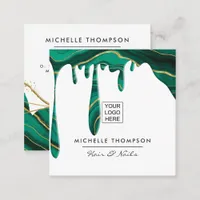 Green and Gold Agate Dripping Square Business Card