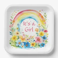 Watercolor Rainbow and Flowers It's a Girl Paper Plates