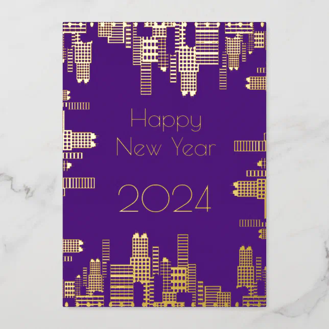 Happy New Year - gold buildings Foil Holiday Card