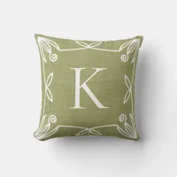 Cute Hand Drawn Wreath Monogram Olive Green Burlap Throw Pillow