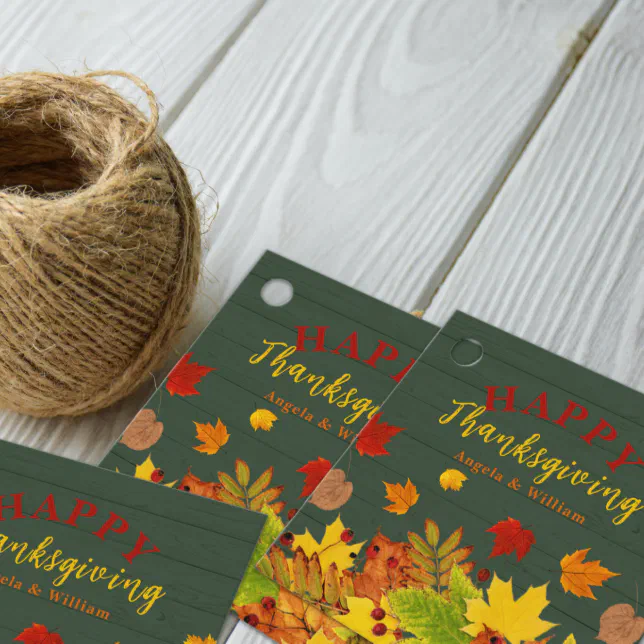 Happy Thanksgiving Fall Colorful Foliage On Wood Favor Tags