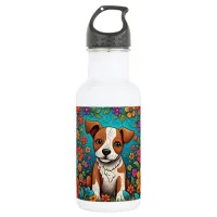 Cute Puppy with Whimsical Folk Art Flowers Stainless Steel Water Bottle