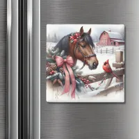 Brown Christmas Horse and Cardinal  Magnet