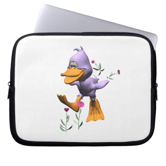 Cute Happy Cartoon Duck Running Through Flowers Laptop Sleeve