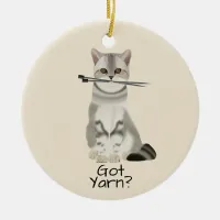 Typography | "Got Yarn" Cat with Knitting Needles Ceramic Ornament