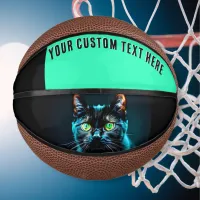 Black Cat Green Eyes Animal Picture Custom Text Mini Basketball