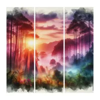 Sunrise Misty Watercolor Forest Nature | Triptych