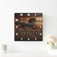 Engraved Horse Running Across Wheat Field Square Wall Clock