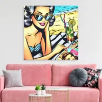 Beautiful Retro Lady at the Beach with Cocktail Canvas Print