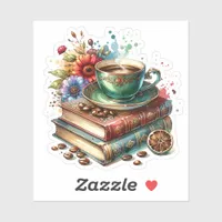 Vintage Books, Flowers and Coffee or Tea Sticker