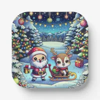 Cute Cartoon Santa and Reindeer Christmas Paper Plates