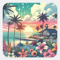 Pink and Turquoise Paradise | Beach Art Square Sticker