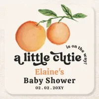 A Little Cutie Is On The Way Orange Baby Shower  Square Paper Coaster