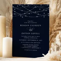 Sparkling String Lights Elegant Navy Blue Wedding Invitation