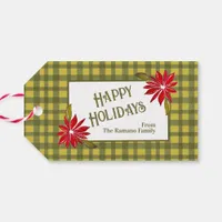 Classic Green Gingham Poinsettia Happy Holidays Gift Tags