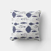 Blue White Fishes Pattern on Wavy Fishing Net Throw Pillow