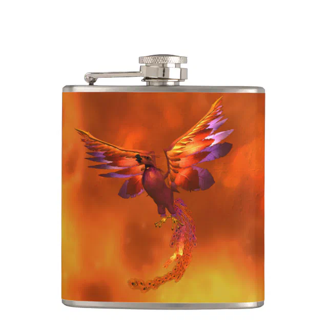 Colorful Phoenix Flying Against a Fiery Background Flask
