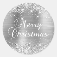 Glittery Silver Foil Merry Christmas Classic Round Sticker