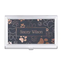 Navy And Rose Gold Paw Print Pattern Business Card Case