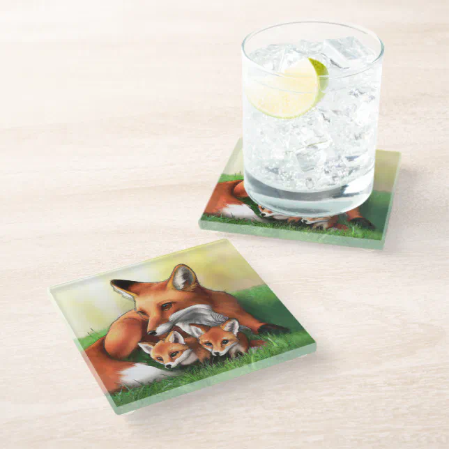 Red Fox Mother and Kits in the Grass Glass Coaster