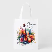 Watercolor Cello and Flowers Personalized Grocery Bag