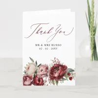 Elegant Script Burgundy Pink Blush Floral Photo Thank You Card