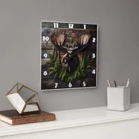 Moose Head Wall Mount With Pine Foliage Square Wall Clock