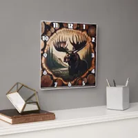 Majestic Moose in Woodland Setting With Logs Square Wall Clock