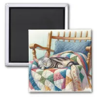 Sweet Gray Cat Sleeping on a Quilt Magnet