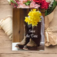 Daffodils Cowboy Boots Barn Wedding Save the Date Announcement Postcard