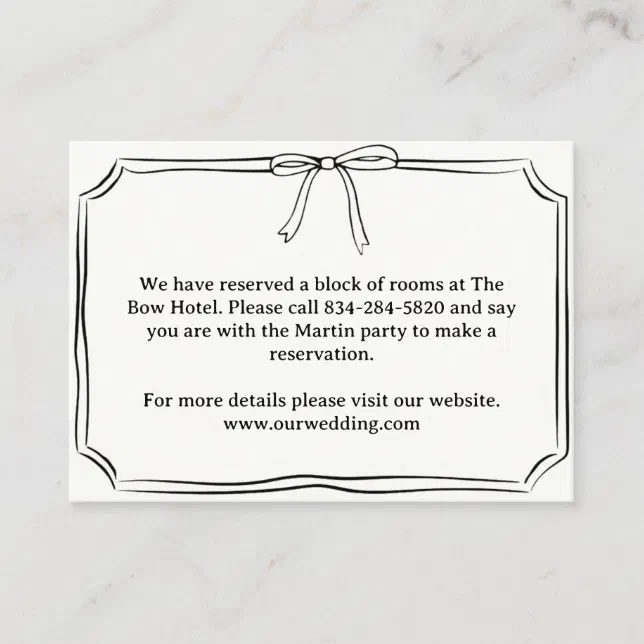 Elegant Coquette Hand-Drawn Bow Wedding Details Enclosure Card
