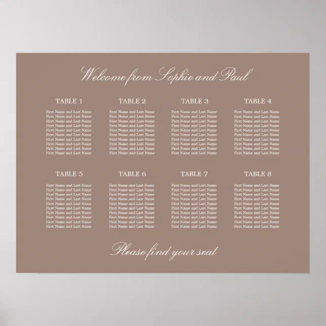 Taupe 8 Table Wedding Seating Chart Poster