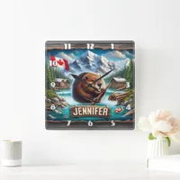 Canadian Beaver Holding Branch Near Mountain Lake Square Wall Clock